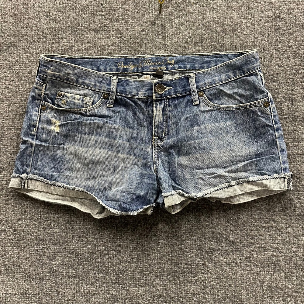MNG Denim Shorts Womens Size 8 Blue Distressed Low Rise Cuffed Raw Hem Casual